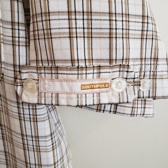 Y2K VINTAGE Southpole Mens Button Up Tan Plaid Short Sleeve Shirt Medium Preownd - Picture 5 of 9